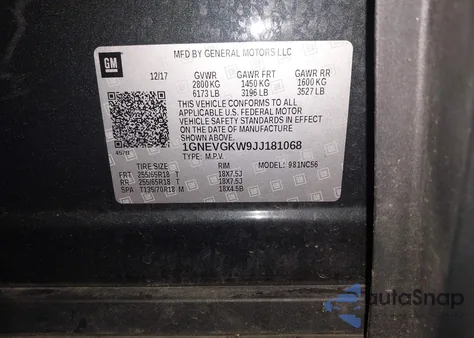 2018 Chevrolet Traverse 1Lt from USA, damaged, VIN 1GNEVGKW9JJ181068